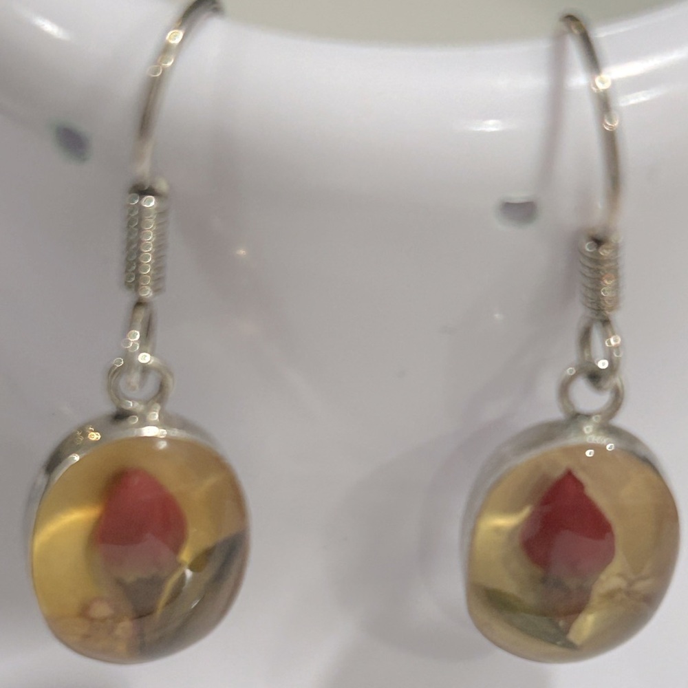 Taxco VTG Miniature Rose Resin and Sterling Silver Dangle Earrings
